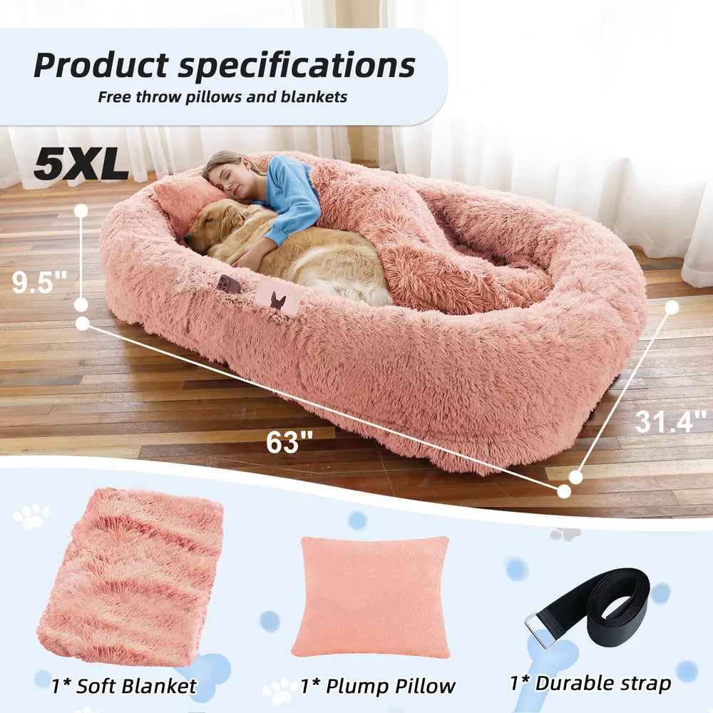 Large Human Dog Bed with Faux Fur Cover, Orthopedic Napping Pillow & Blanket