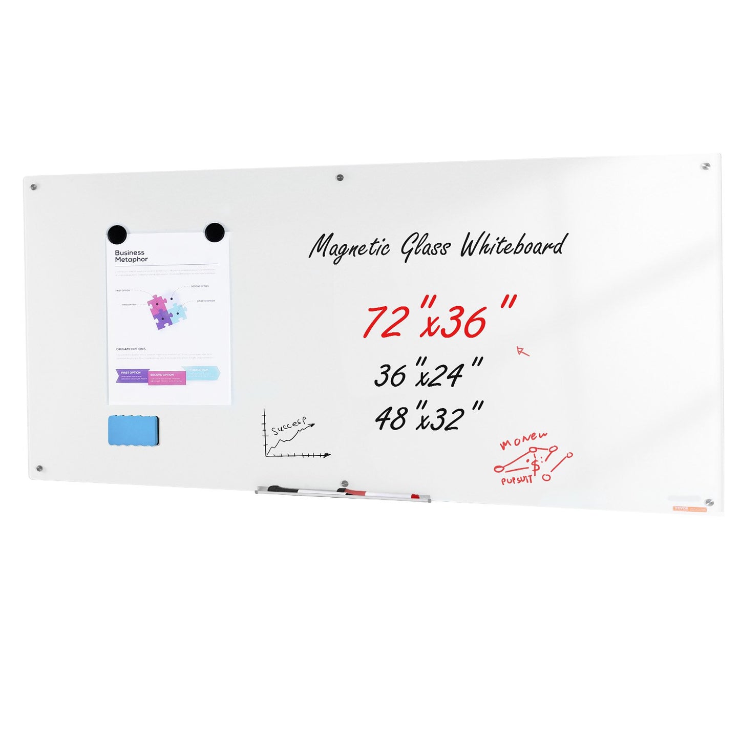 Magnetic Glass Dry Erase Board, 72"x36" Frameless Whiteboard with Marker Tray