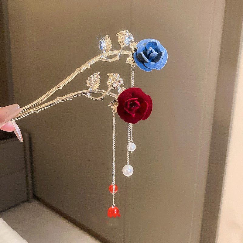 Flocking Rose Flower Hairpin with Pearl Tassel
