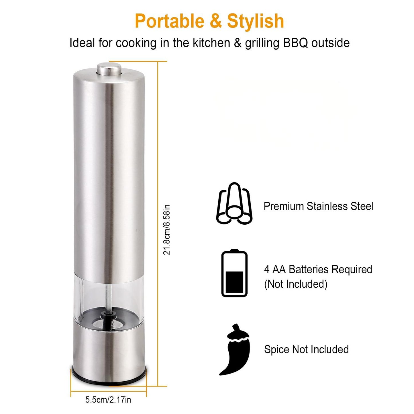 Electric Salt and Pepper Grinder Set - Adjustable Coarseness, Stainless Steel