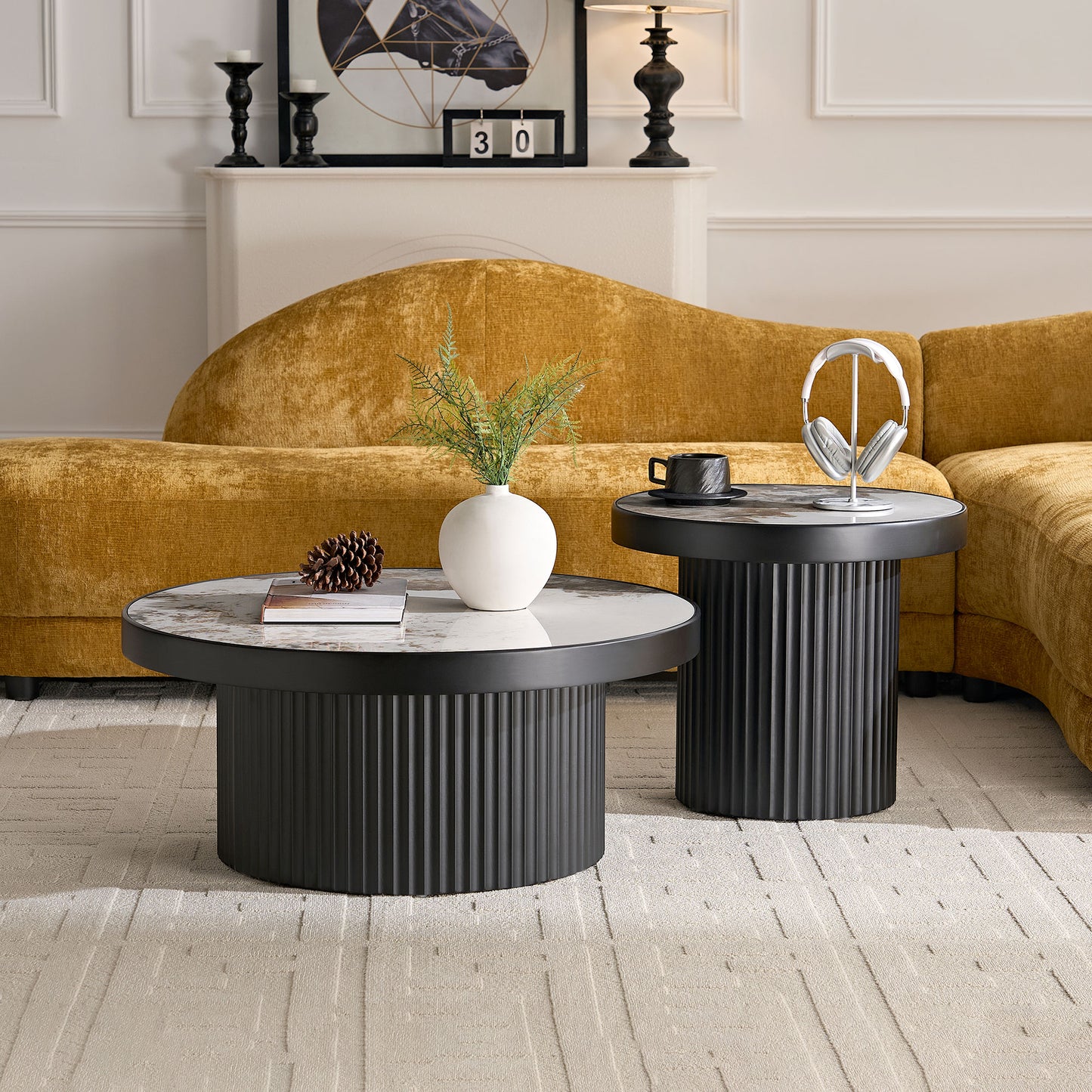 Set of 2 Round Coffee Tables with Sintered Stone Top - Black