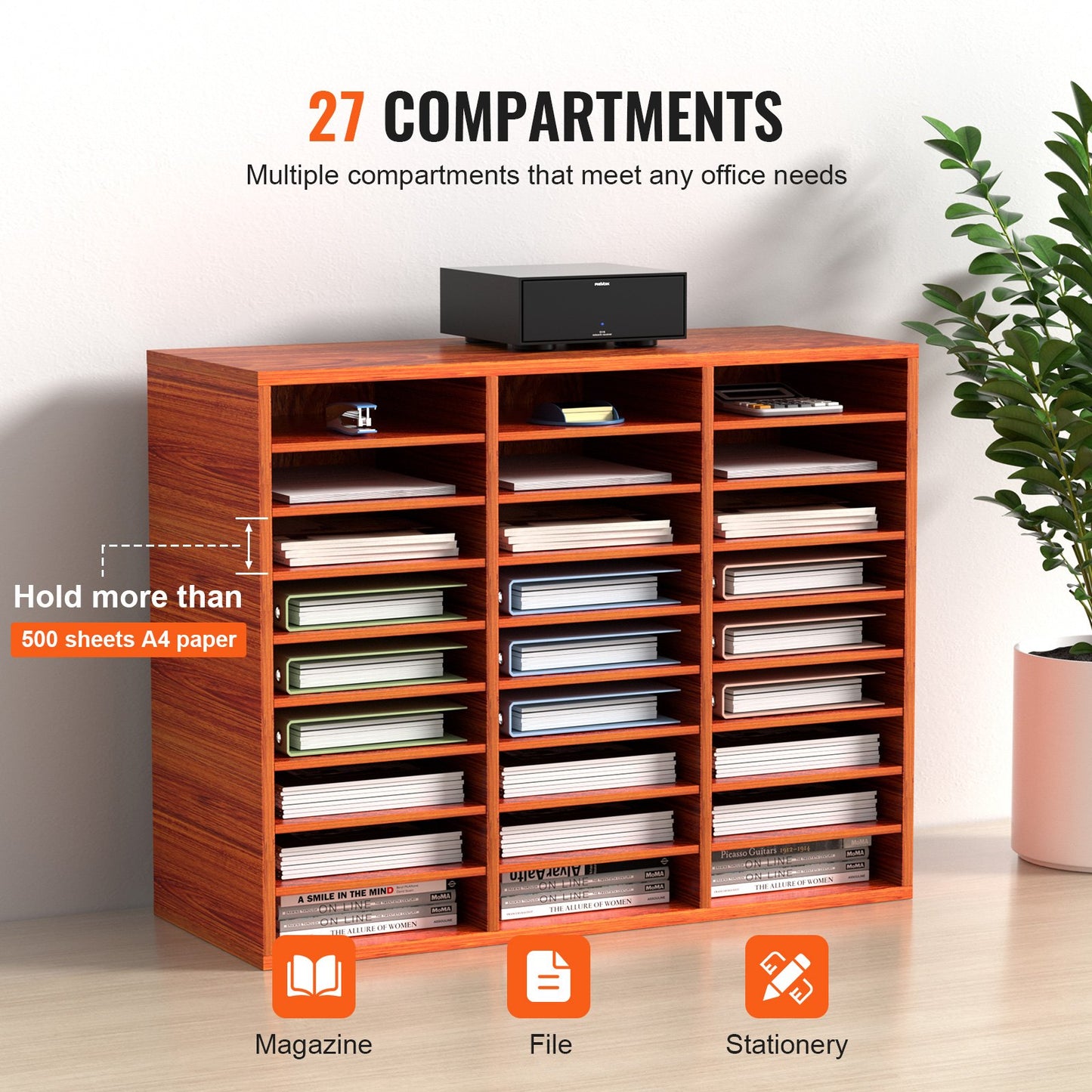 27-Compartment Wood Literature Organizer - Adjustable Storage for Files & Papers