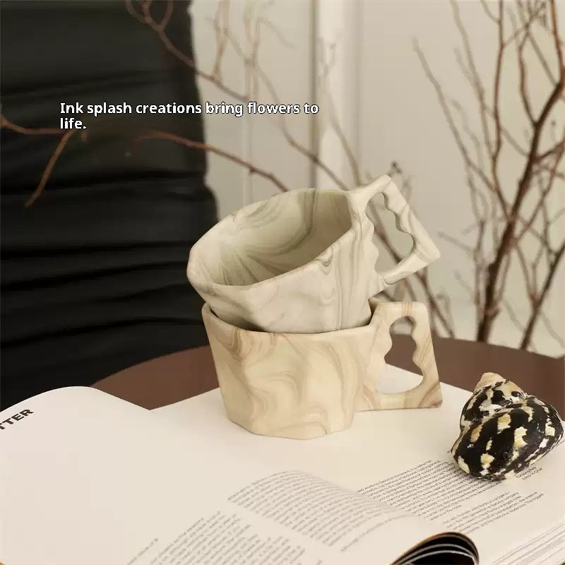 Ceramic Octagonal Mug 200ml Coffee Cup - Minimalist Ink Wash Style