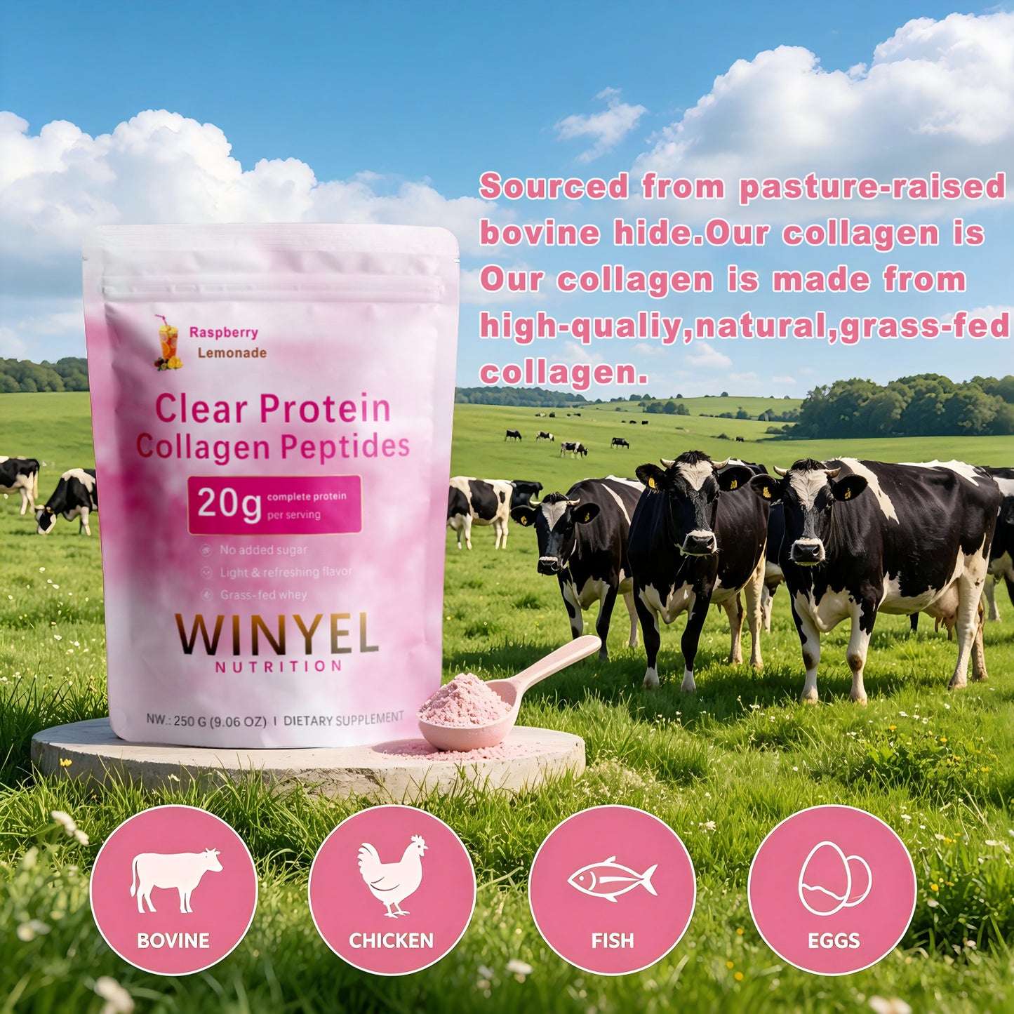 Clear Protein Collagen Peptides Powder - Raspberry Lemonade, Grass-Fed Whey