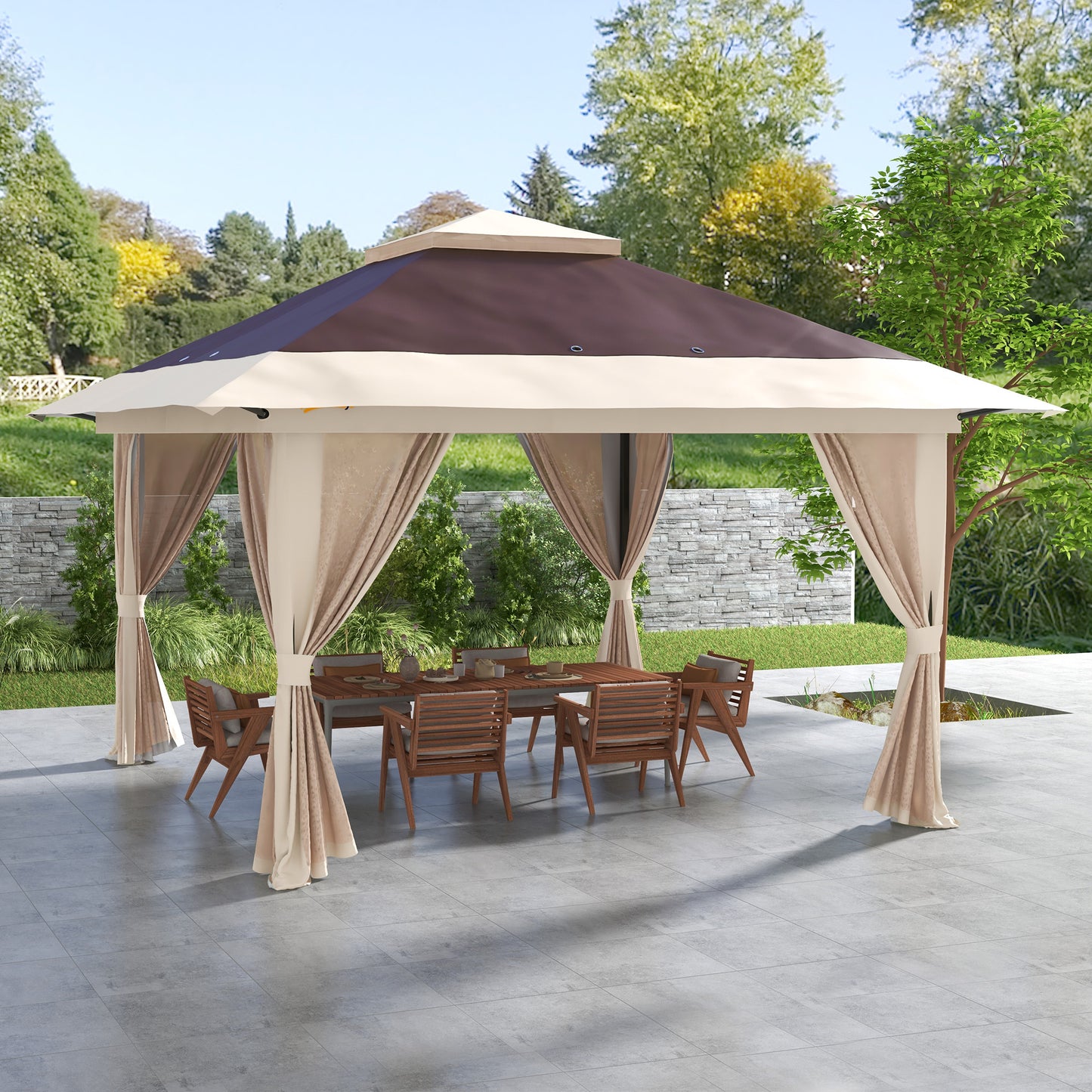 13x13 Pop-Up Gazebo Canopy Tent with Mesh Walls & Carry Bag - Brown