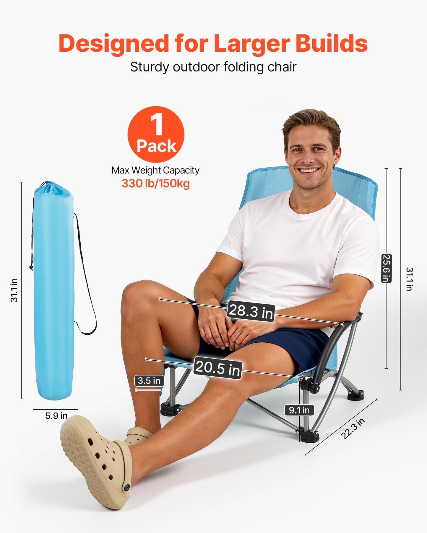 Heavy Duty Folding Beach Chair with High Back, Cup Holder, Mesh Support, Portable Blue