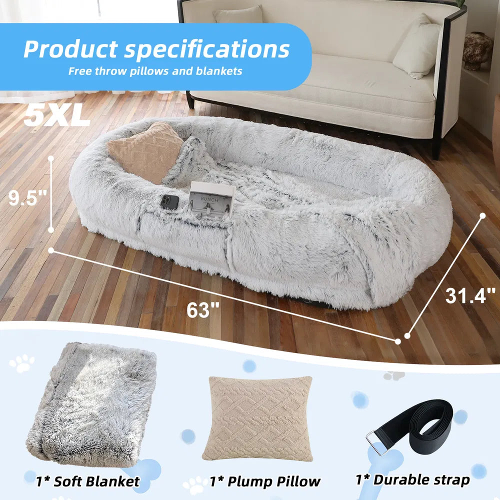 Large Human Dog Bed with Faux Fur Cover, Orthopedic Napping Pillow & Blanket