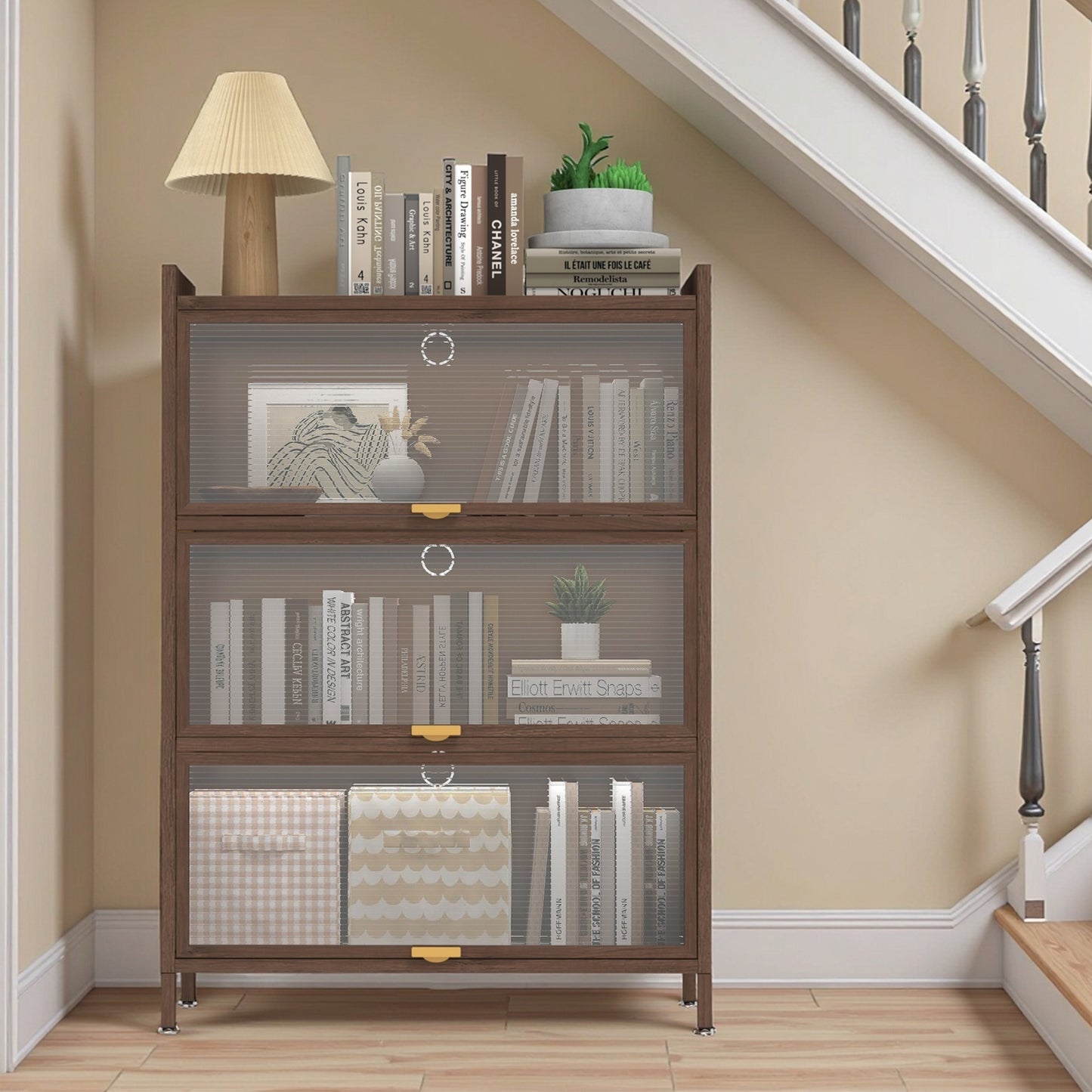 44'' Tall Metal Cabinet with 3 Flip Doors - Walnut Storage