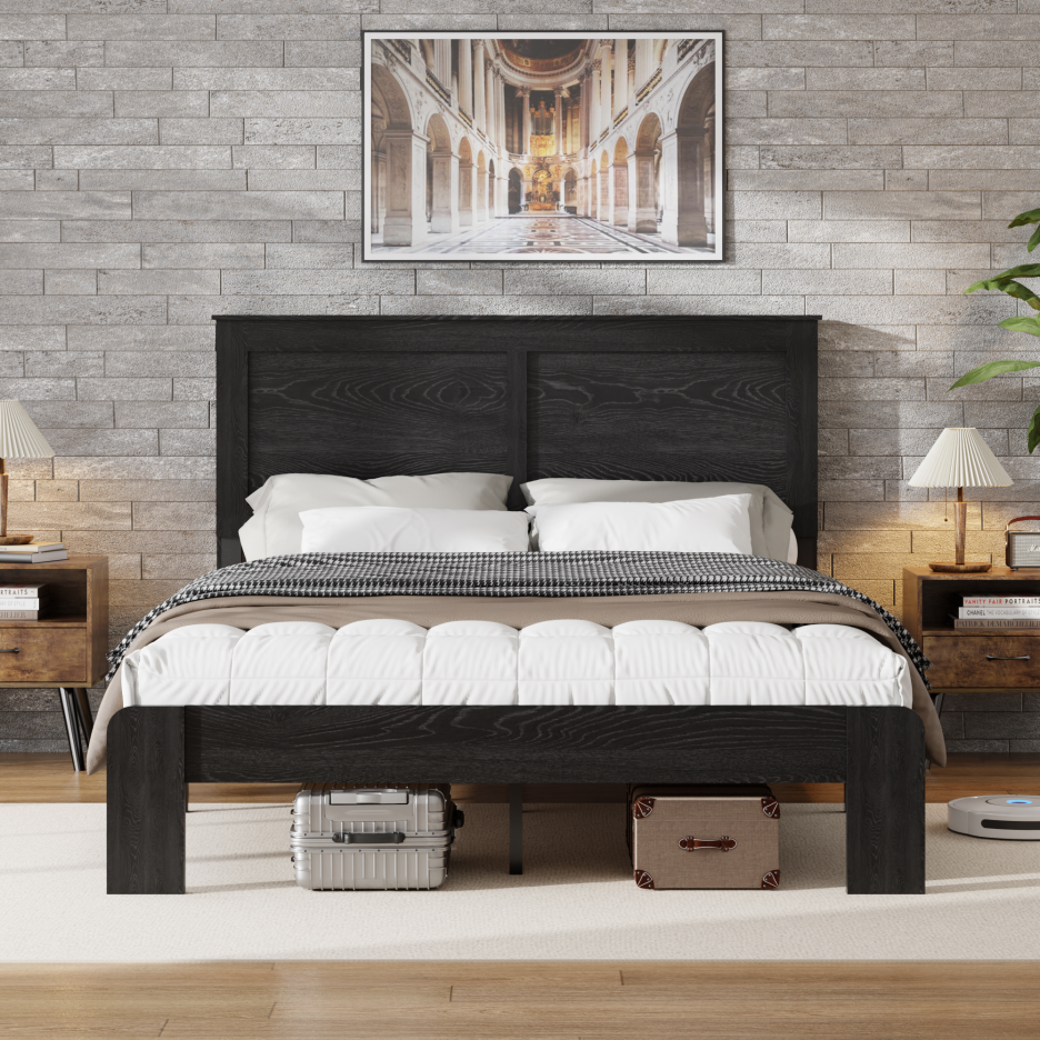 Full Wood Platform Bed Frame with Underbed Storage - Black