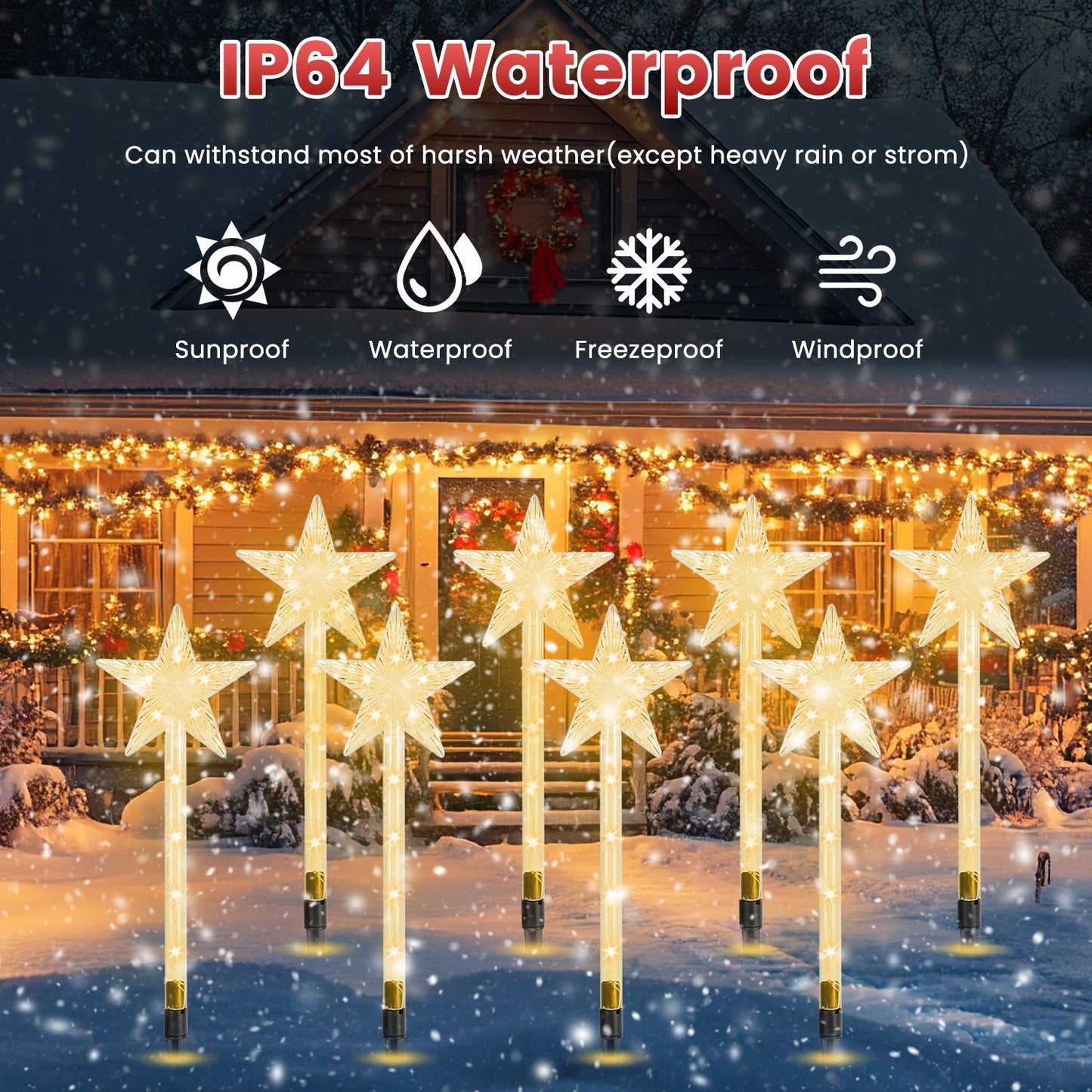 8-Pack Solar Christmas Star Pathway Lights - 64 LED, 8 Modes