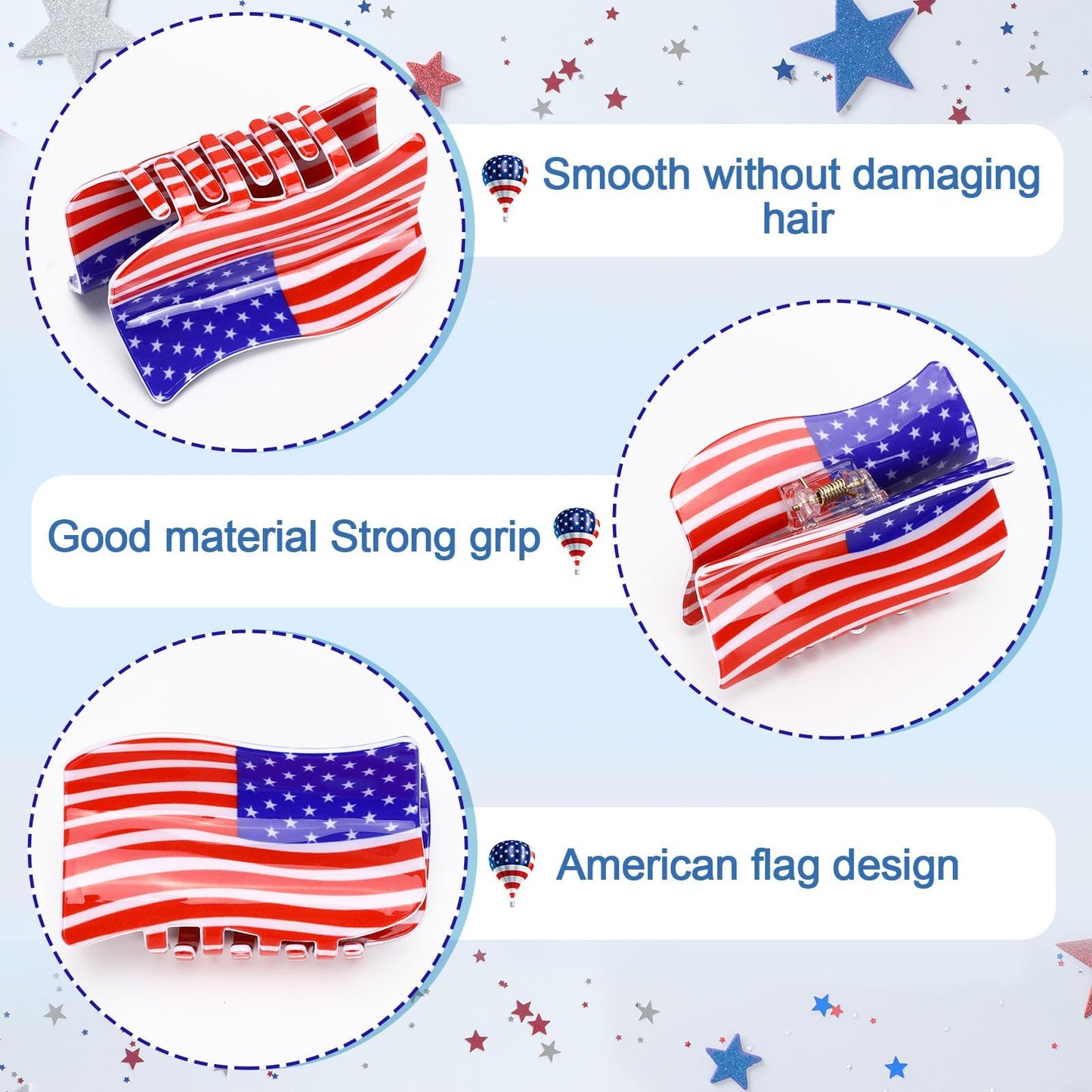 American Flag Hair Clip Set - 4th of July Claw Clips, 3 Pcs
