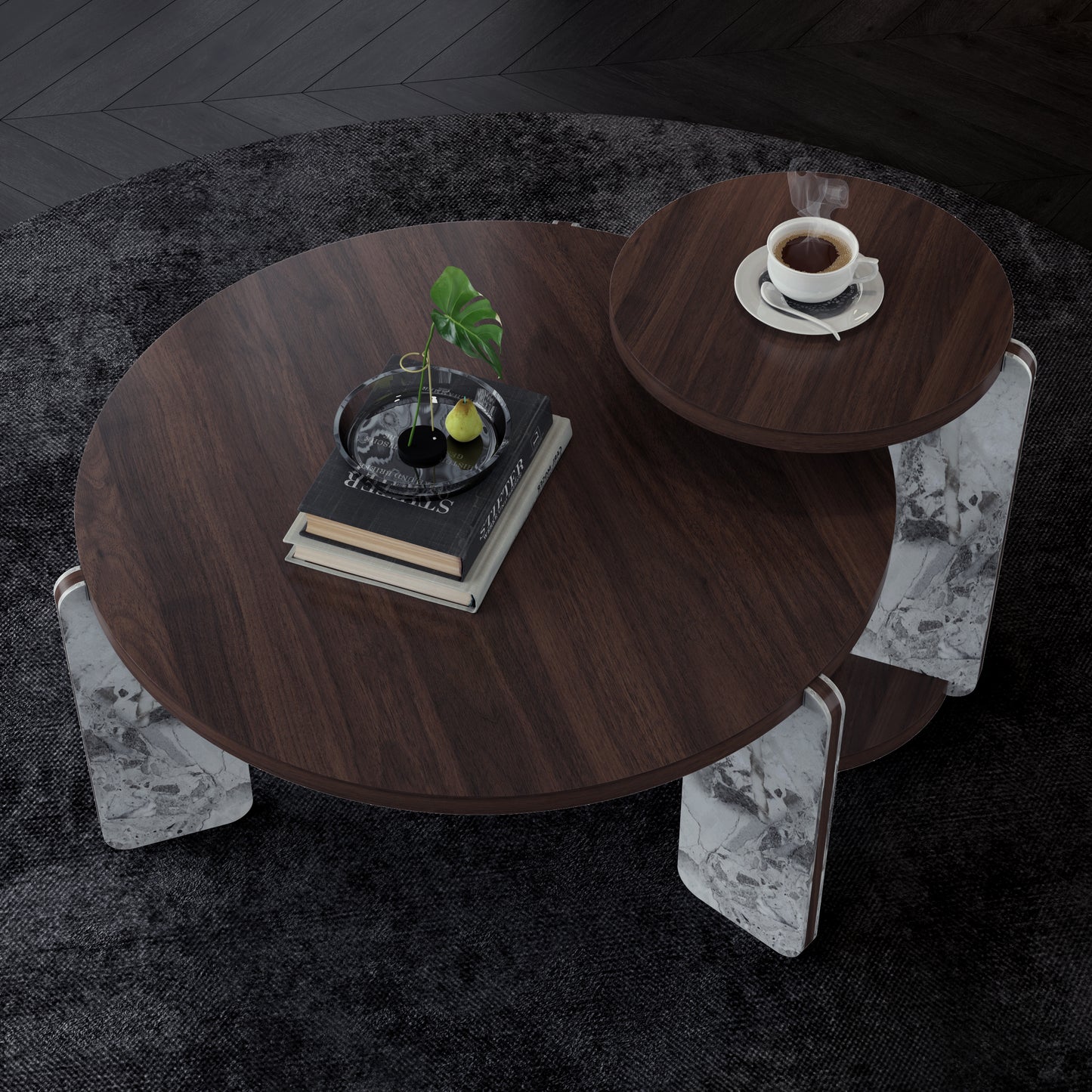 Modern Coffee Table With End Set, Durable Walnut Veneered MDF 83cm