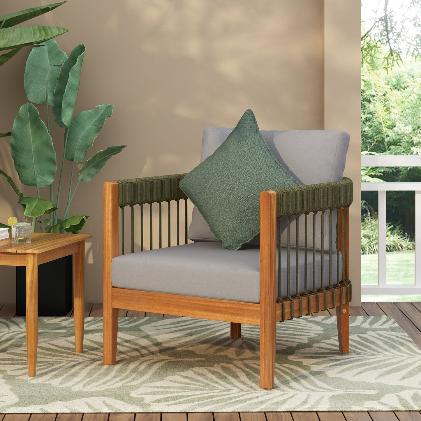 Acacia Wood Outdoor Club Chair With Handwoven Rope Accents & Curved