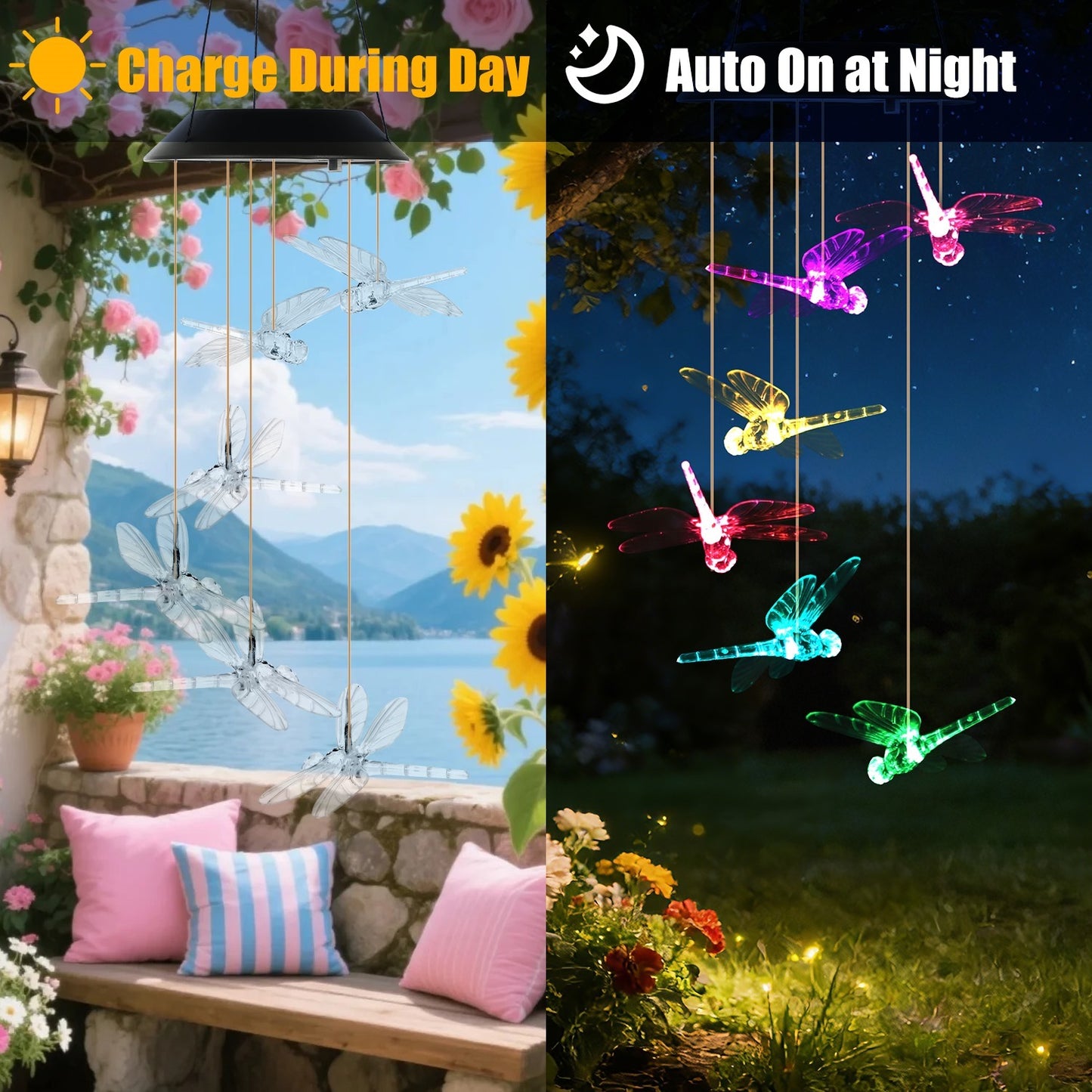 Solar Wind Chimes - 2 Pack Color Changing LED Dragonfly Lights
