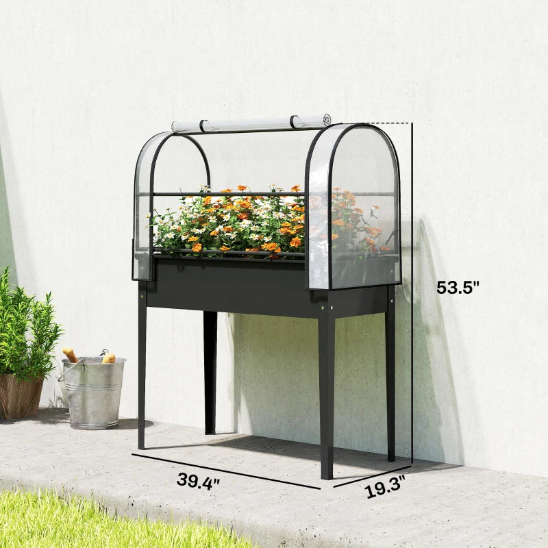 Raised Garden Bed with Mini Greenhouse - Black Planter Box