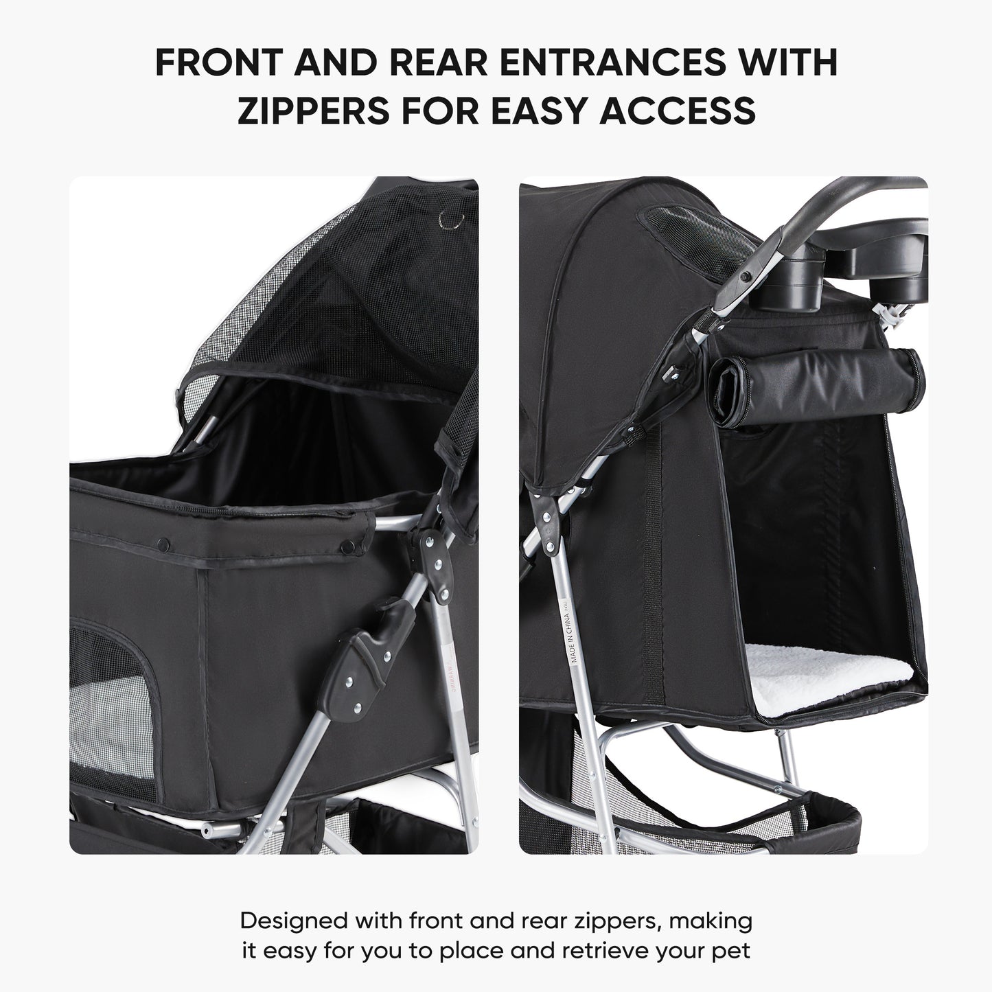 Pet Stroller for Cats and Dogs with Storage and Safety Features - Black
