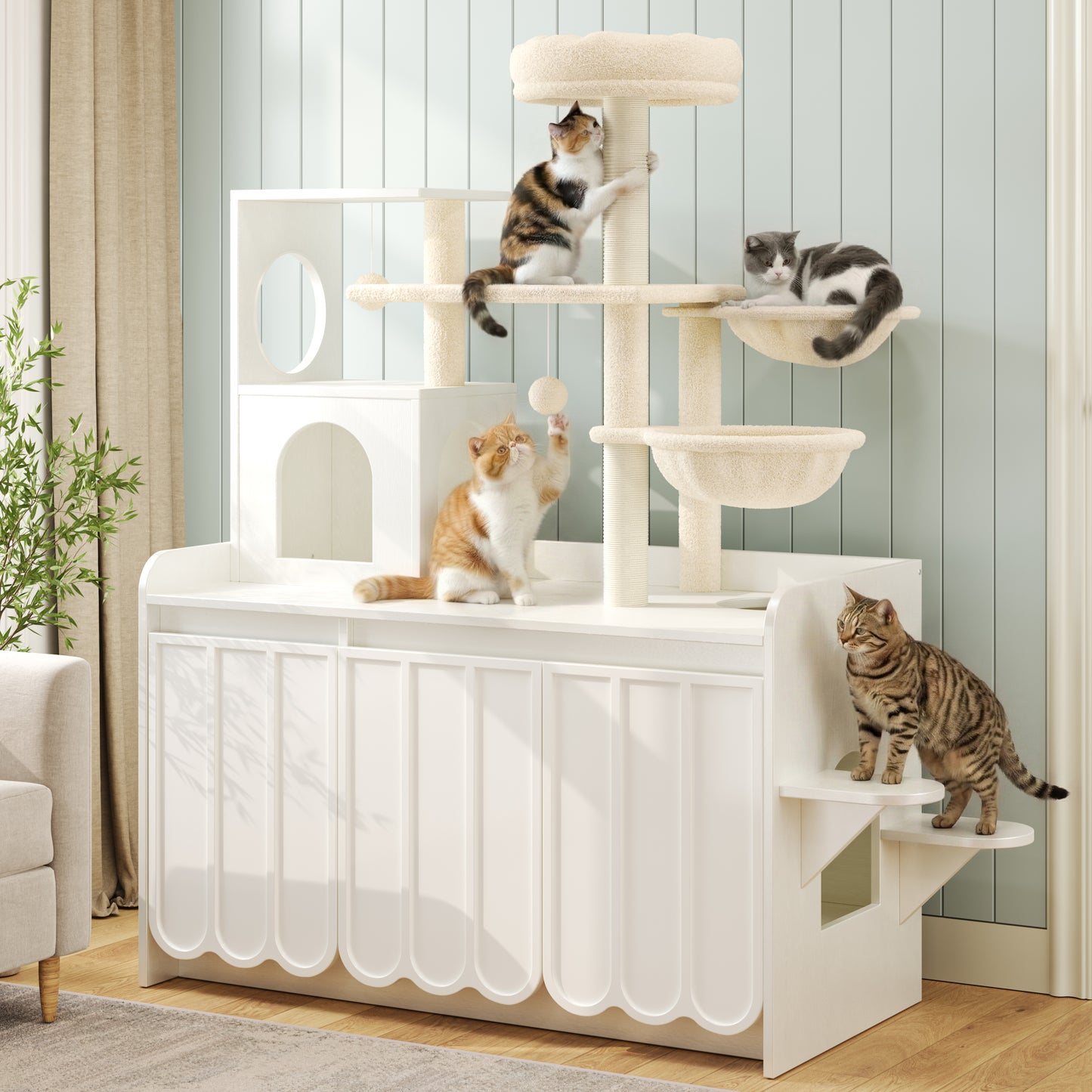50.6 Cat Tree With Litter Box Enclosure, 5Cat Tower Sisal Scratching