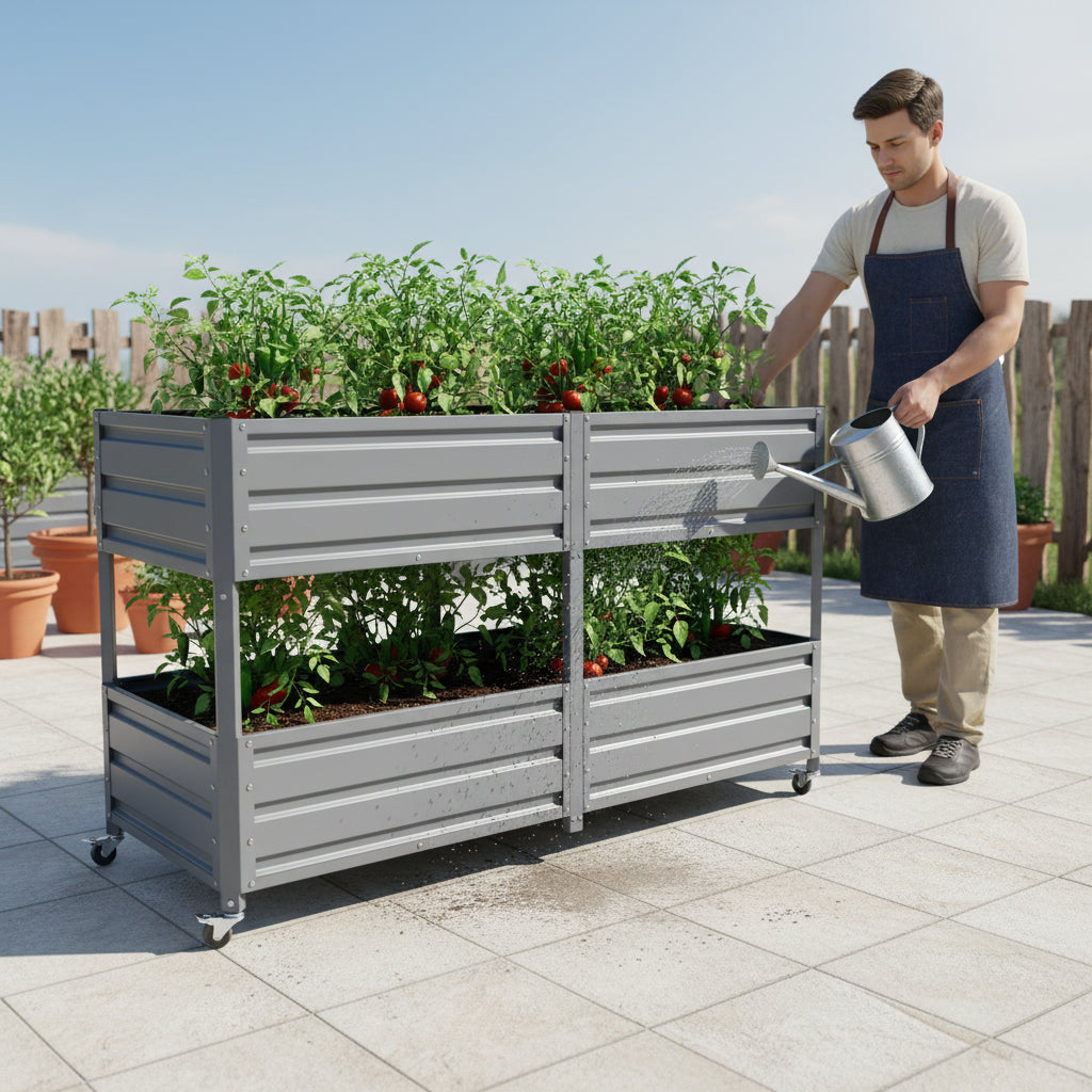 Dual Tier Elevated Metal Raised Garden Bed with Lockable Wheels - Grey