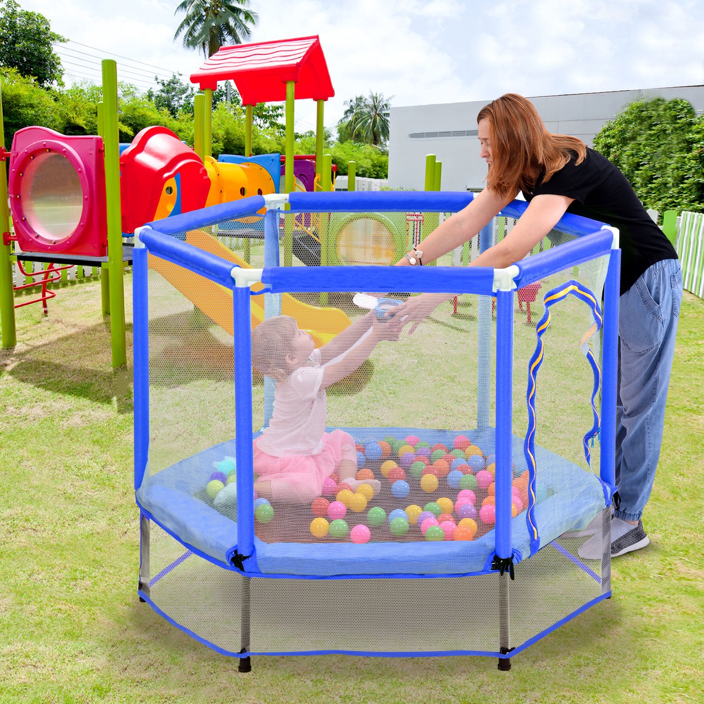 55" Toddler Trampoline with Safety Net and Ocean Balls - Blue