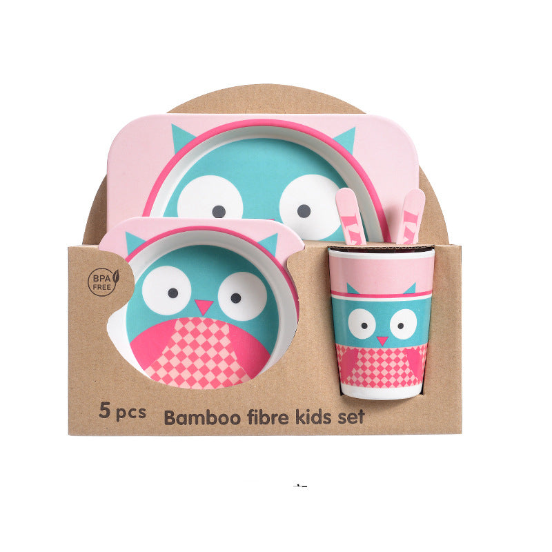 Baby Bamboo Tableware Set 5pcs - Cartoon Childrens Dinnerware for Kids