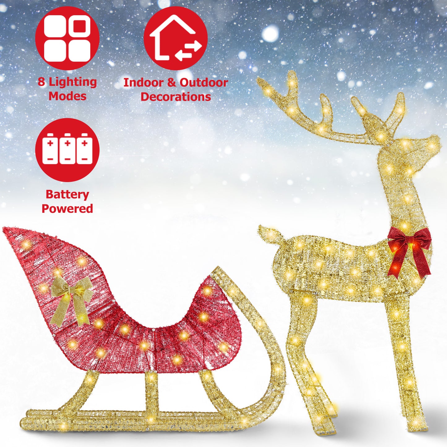 Lighted Christmas Reindeer & Sleigh - 8 Lighting Modes Decor