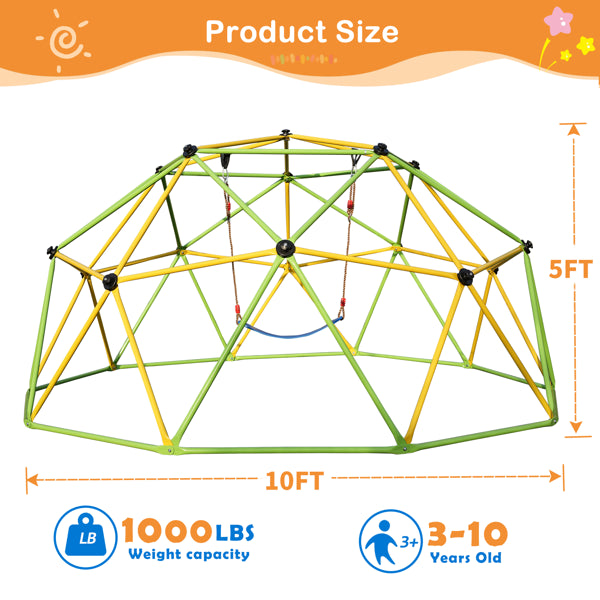 10FT Jungle Gym Climbing Dome for Kids with Swing - Green