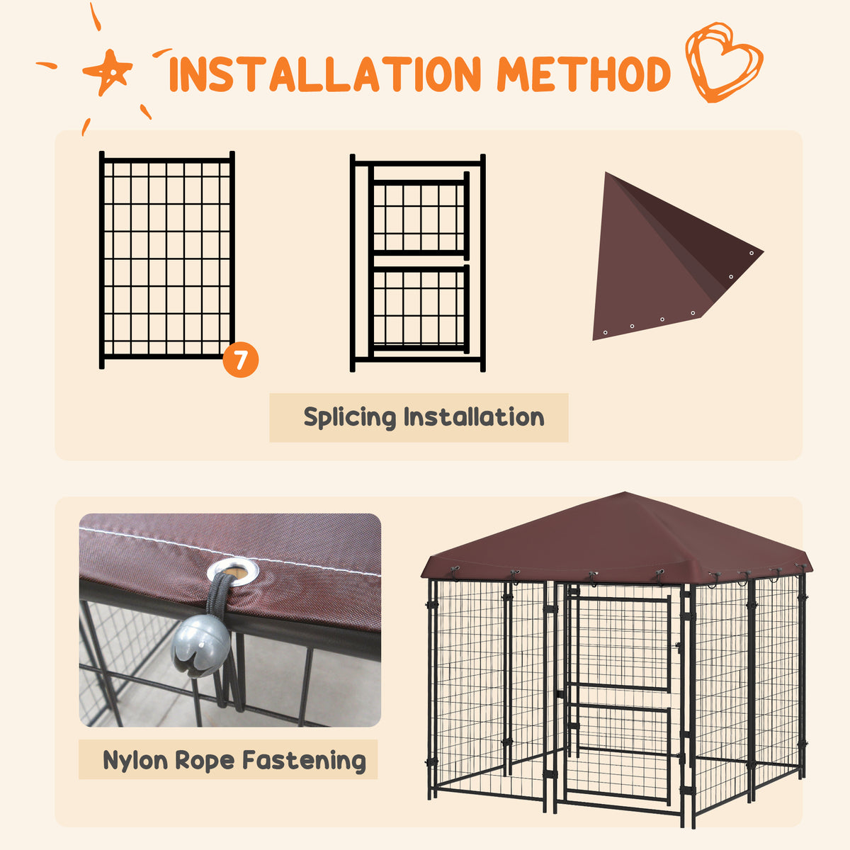 Outdoor Dog Kennel with Waterproof Canopy - Large, Steel Frame, Brown