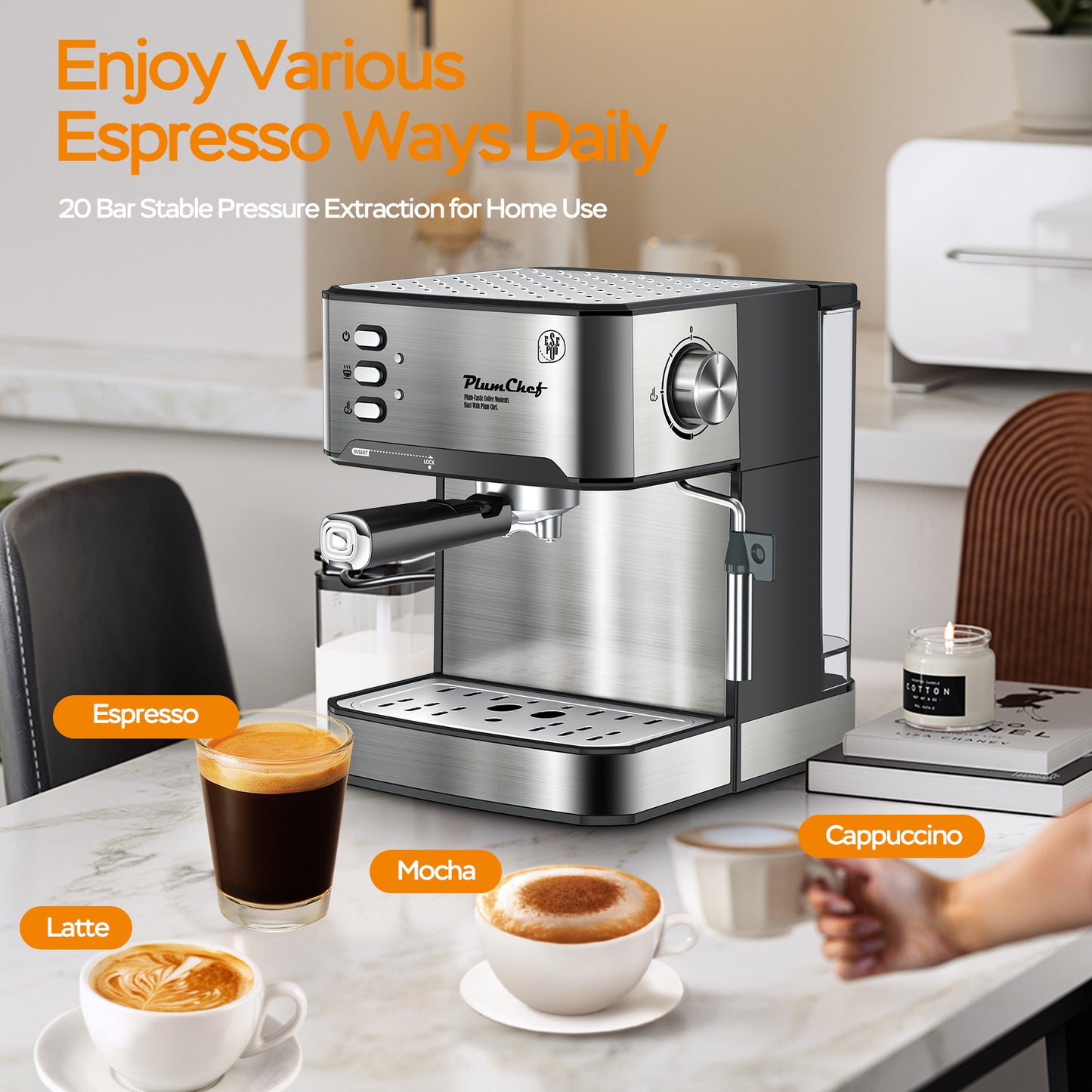 20 Bar Espresso Machine with Milk Frother, Single & Double Shot, ESE Pod Compatible