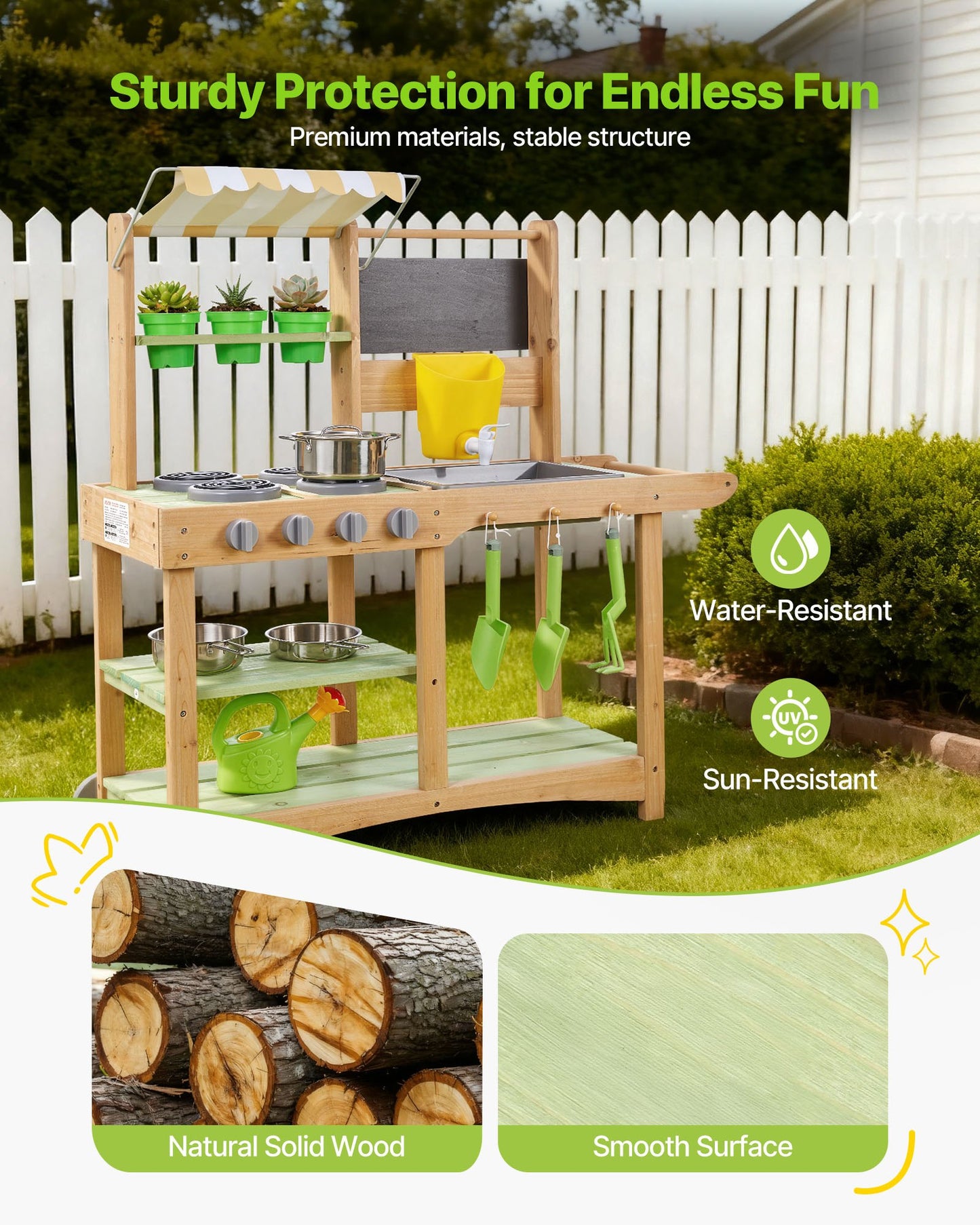 Kids Outdoor Mud Kitchen with Sink, Canopy & Wheels - Wooden Play Set