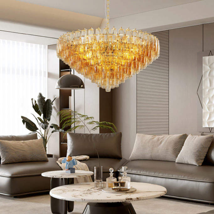 14-Light Gold Modern Round Chandelier with Smoke Glass Design