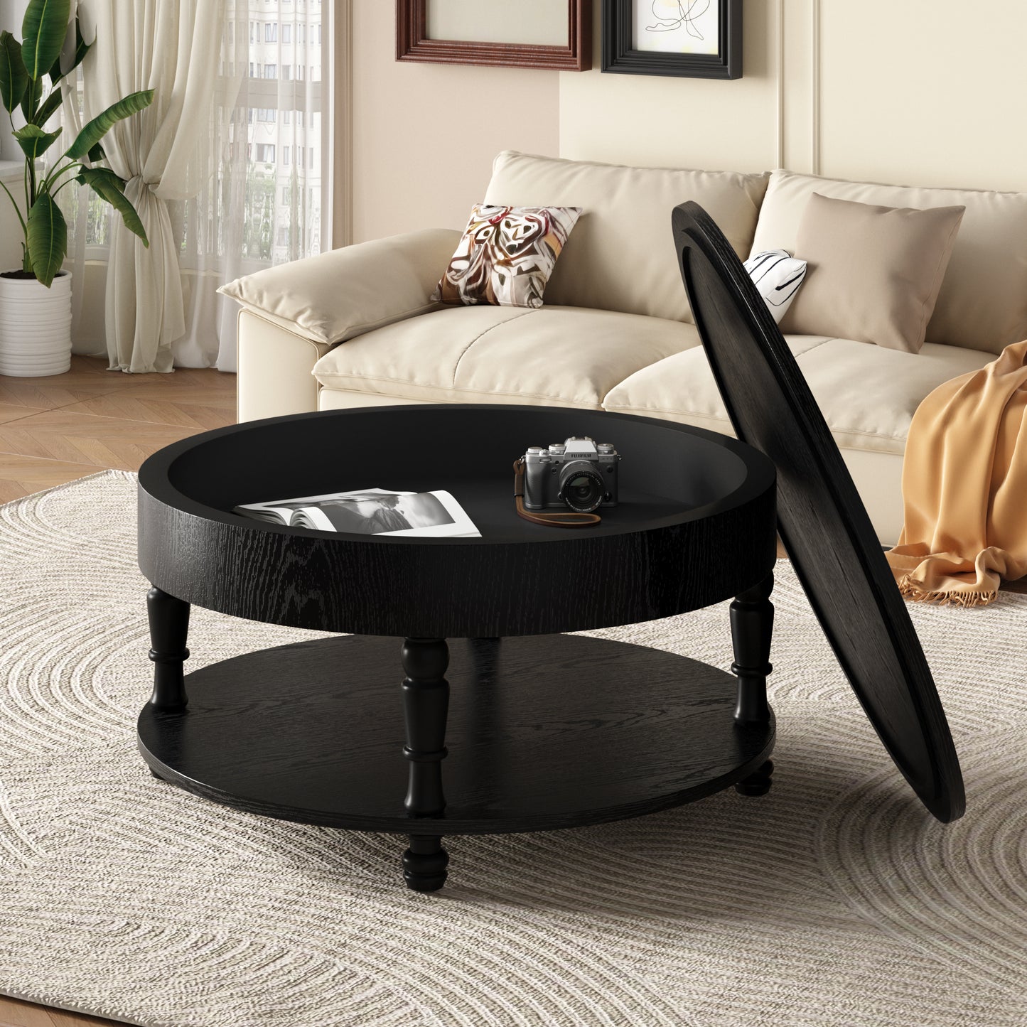 Modern Round Coffee Table with Dual Storage - Black, 31.5"