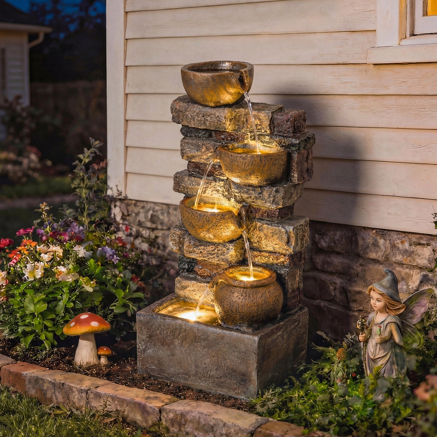 28-Inch Outdoor Fountain with 5-Tier Rustic Jugs, LED Lights, Adjustable Water Flow