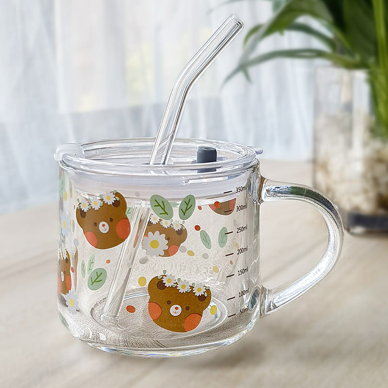 Minimalist Cartoon Glass Water Cup with Straw - Heat-Resistant, 400ML