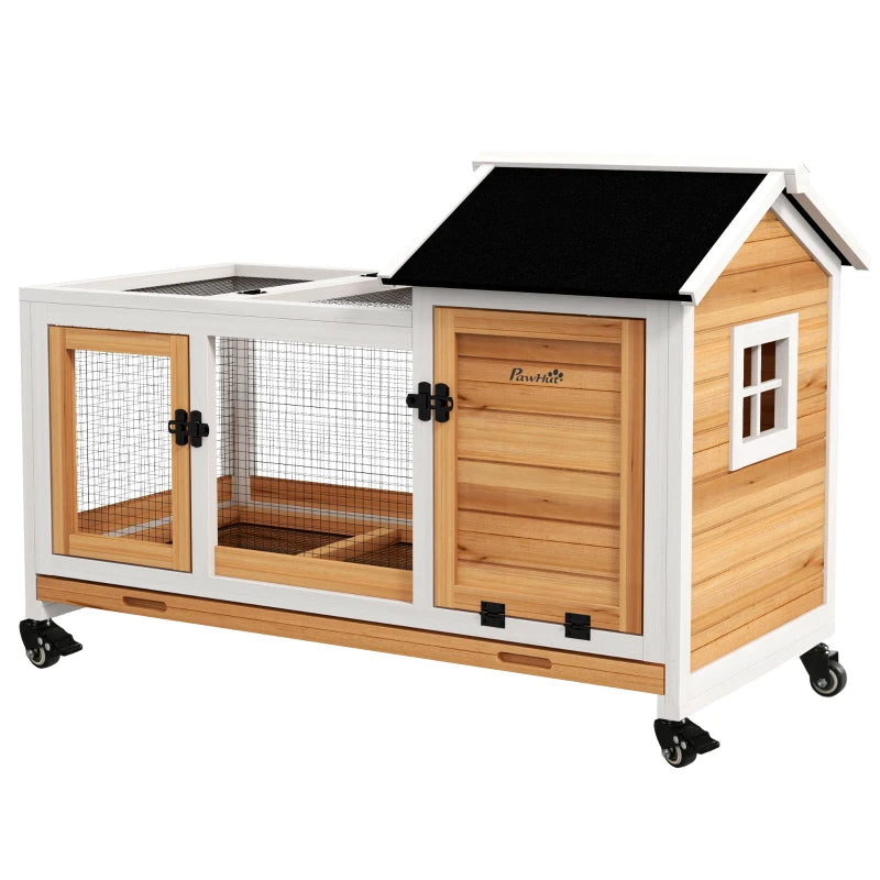 Wooden Rabbit Hutch with Wheels and Run - Small Animal Cage, Yellow & White