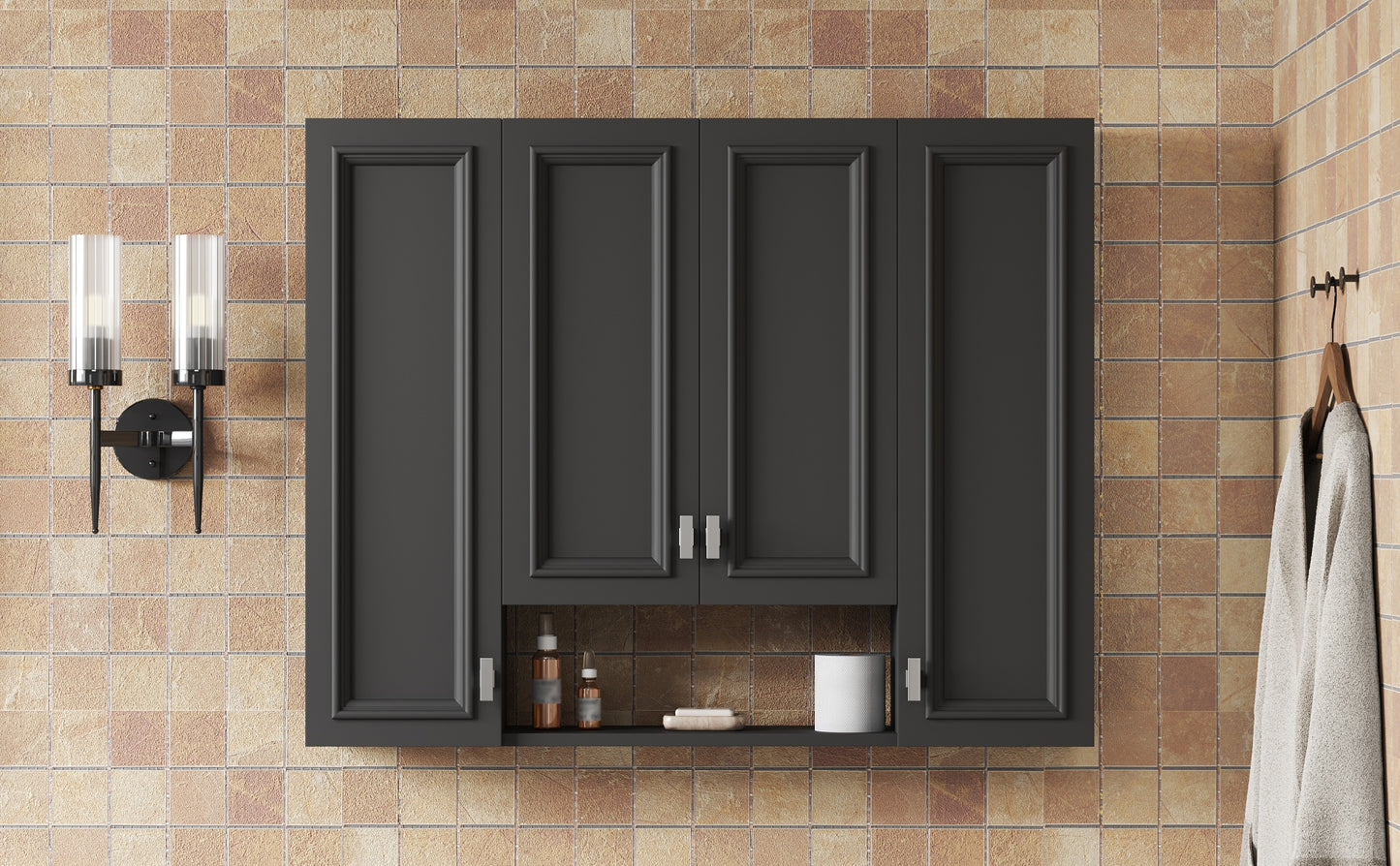 Modern Wall-Mounted Bathroom Cabinet with 5 Adjustable Shelves - Black