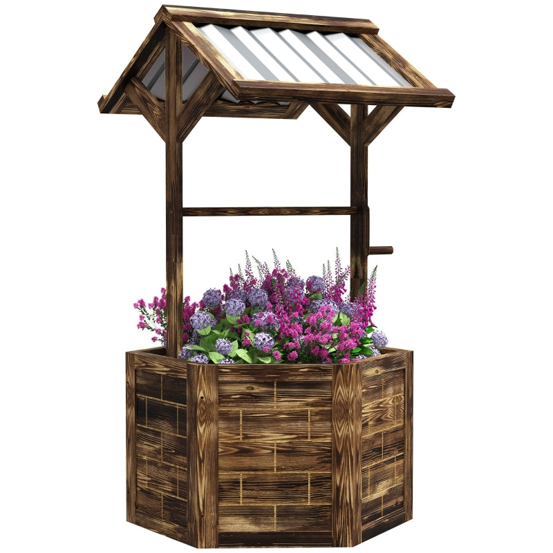 Wooden Wishing Well Planter, Raised Garden Bed With Galvanized