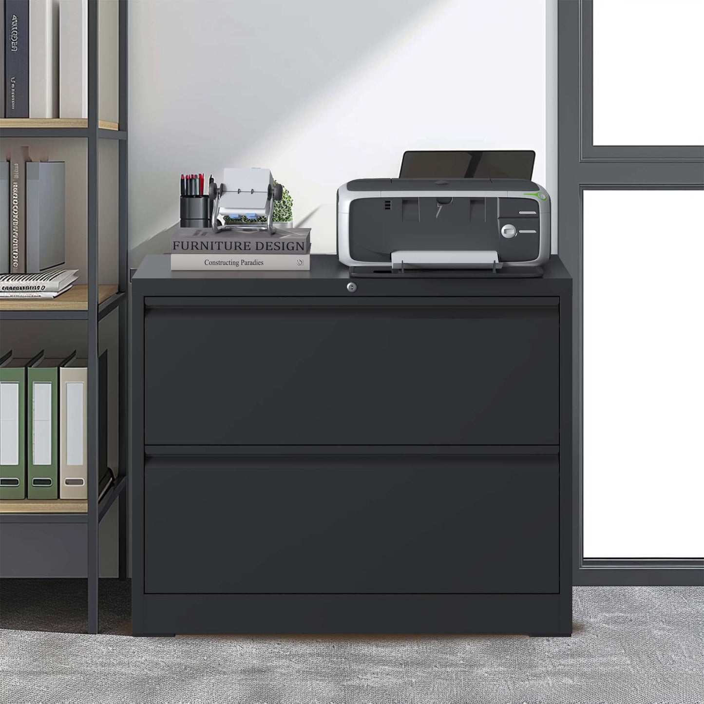 Lateral File Cabinet 2 Drawer, Black Filing With Lock, Lockable For