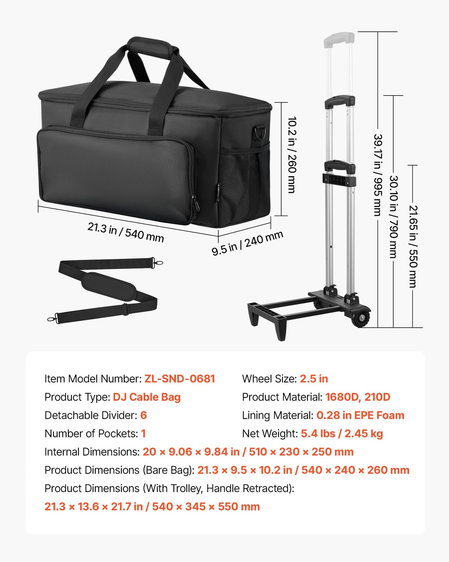 Rolling DJ Cable Bag with Wheels and Detachable Dividers, 1680D Padded Travel Case