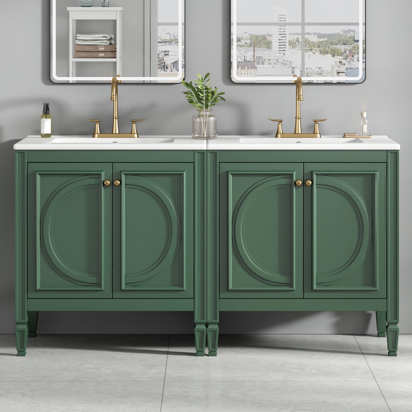 60" Green Bathroom Vanity Set with Double Sinks & Storage