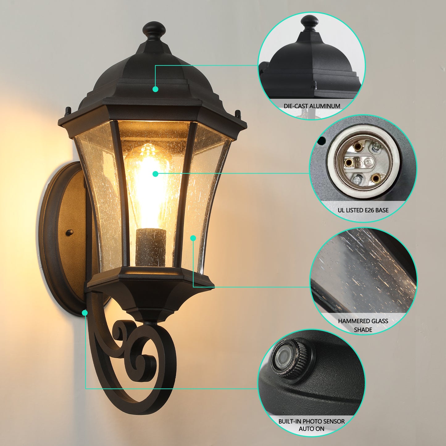 Vintage Outdoor Wall Lantern Light - Black Metal Sconce