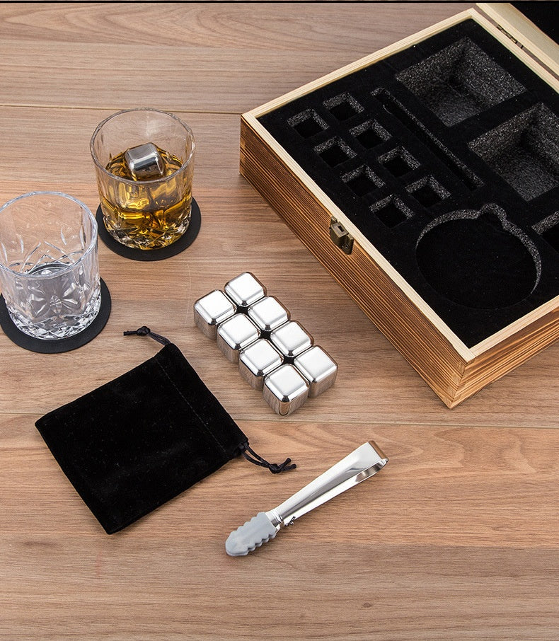 Stainless Steel Wooden Ice Cube Box Set with Cups and Accessories