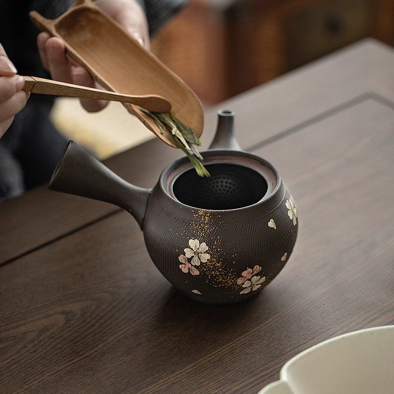 Spherical Tea Pot with Side Handle and Cherry Blossom Design - 400ml
