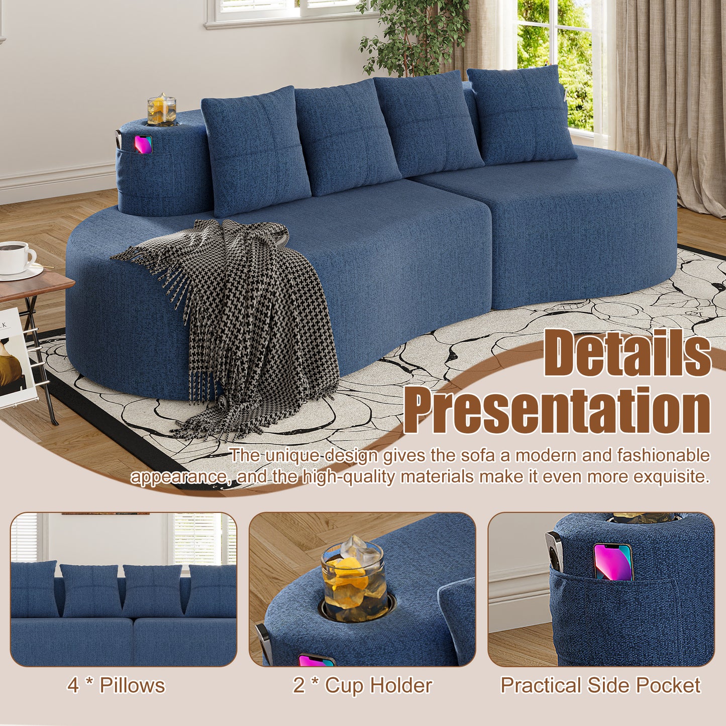 Modern Curved Sectional Sofa - 3 Seat Navy Half Moon Design