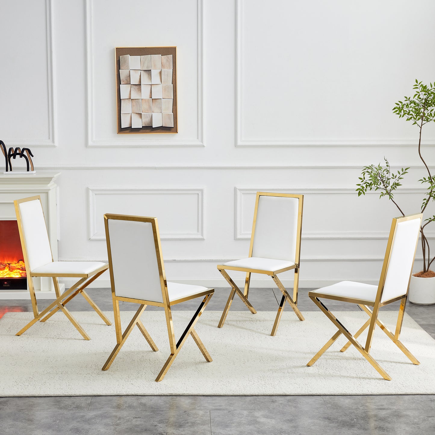 4-pack Gold Metal Framed White PU Dining Chairs,Ergonomic Design, A