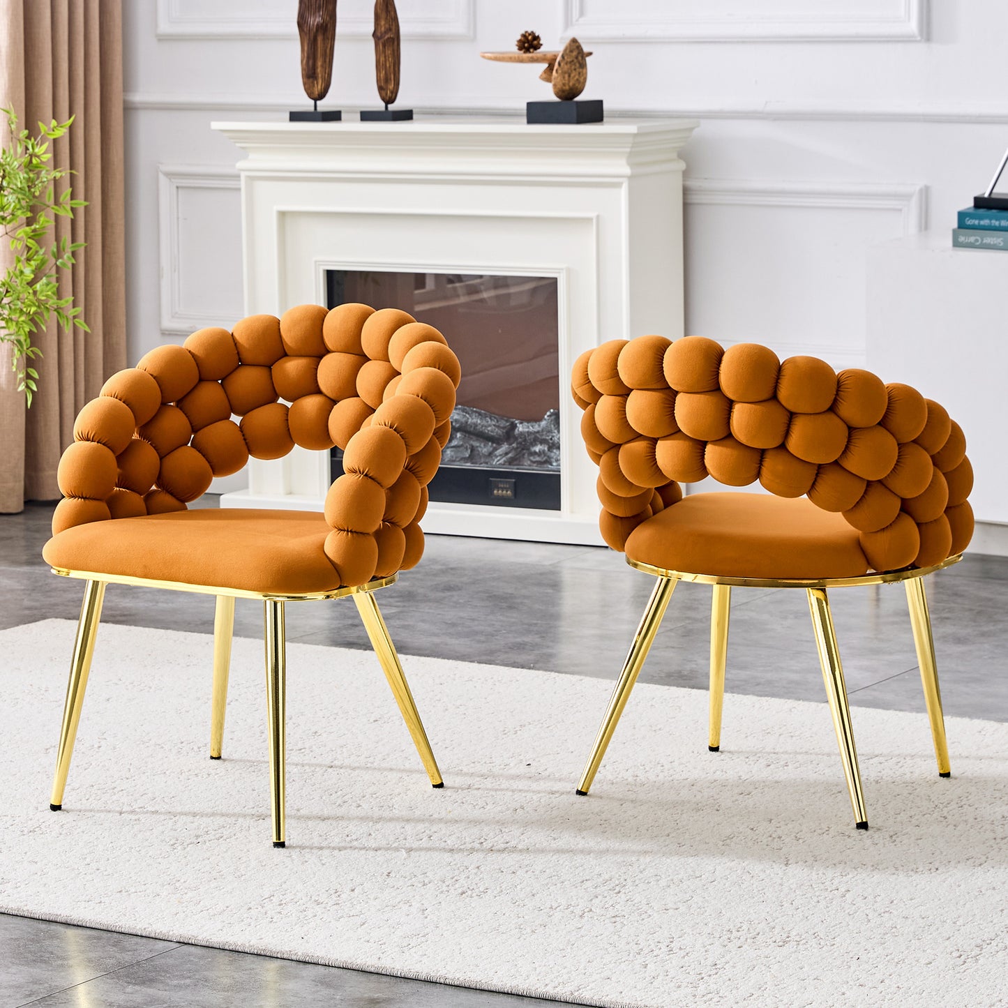 Set of 2 Orange Velvet Bubble Chairs with Gold Legs - Modern Accent