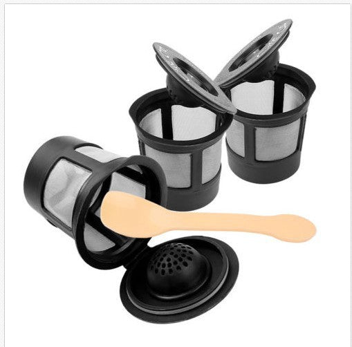 Coffee Filter Cup K-Cup Screen with Spoons - Black, 1 or 3 Pack Gift Set