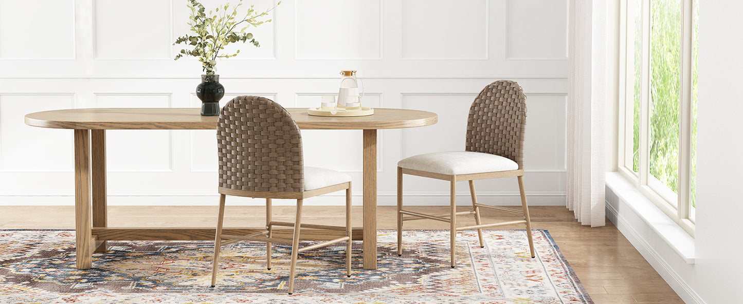Upholstered Dining Chairs Set of 2 - Armless Iron Frame with Rattan Backrest