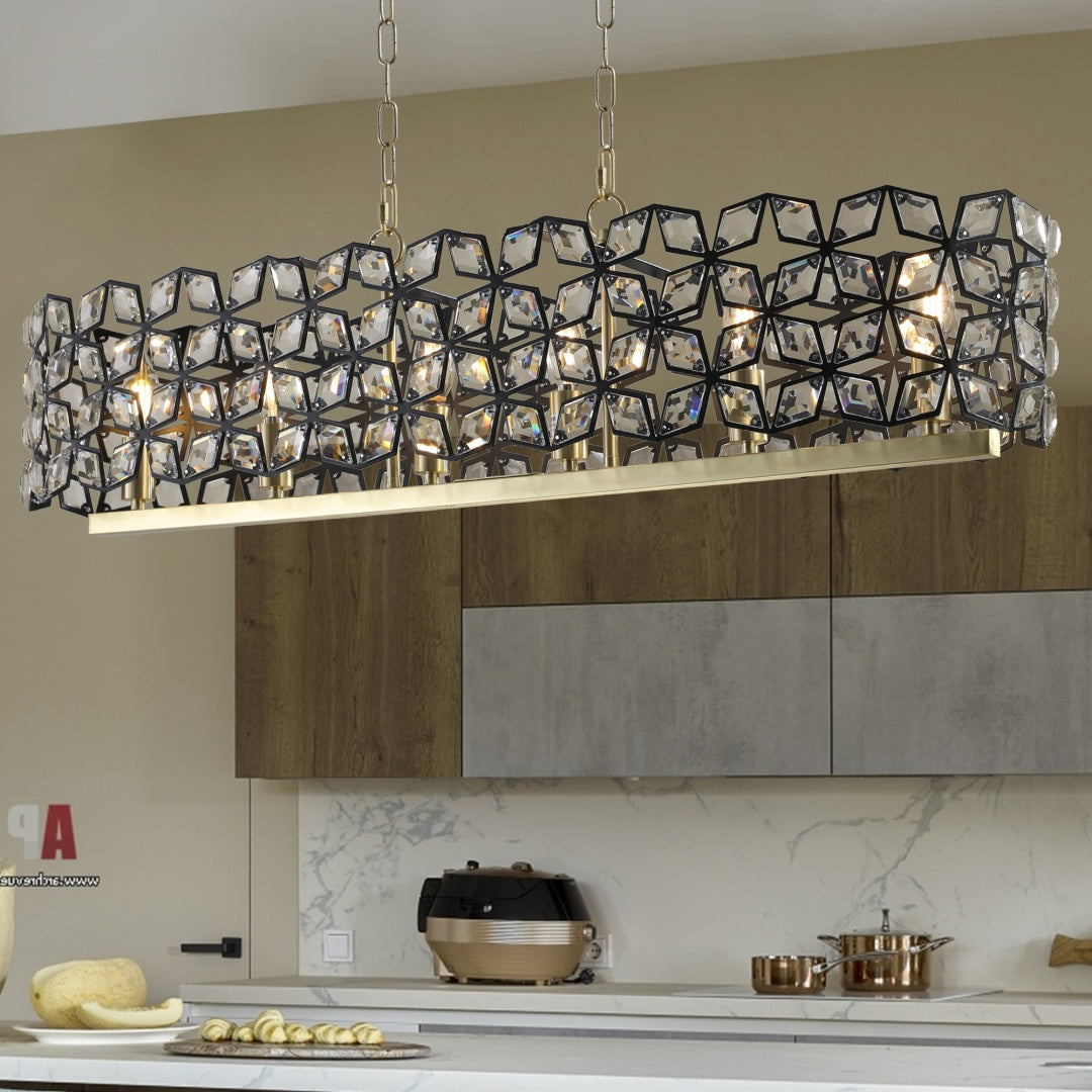 Contemporary Crystal Pendant Chandelier - Black & Gold Modern Light Fixture for Dining Room