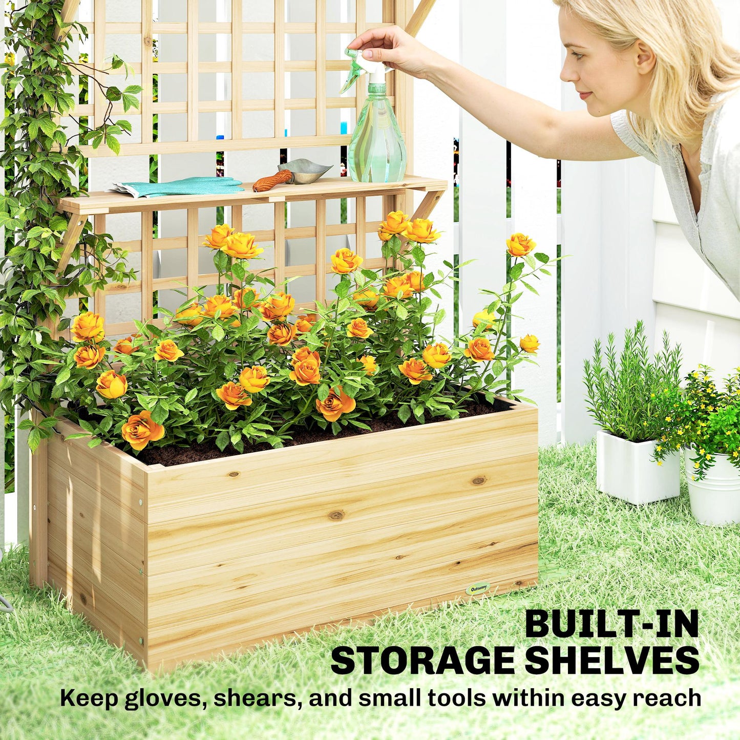 Wooden Raised Garden Bed with Trellis and Roof - Natural Wood, 850x380x260 mm