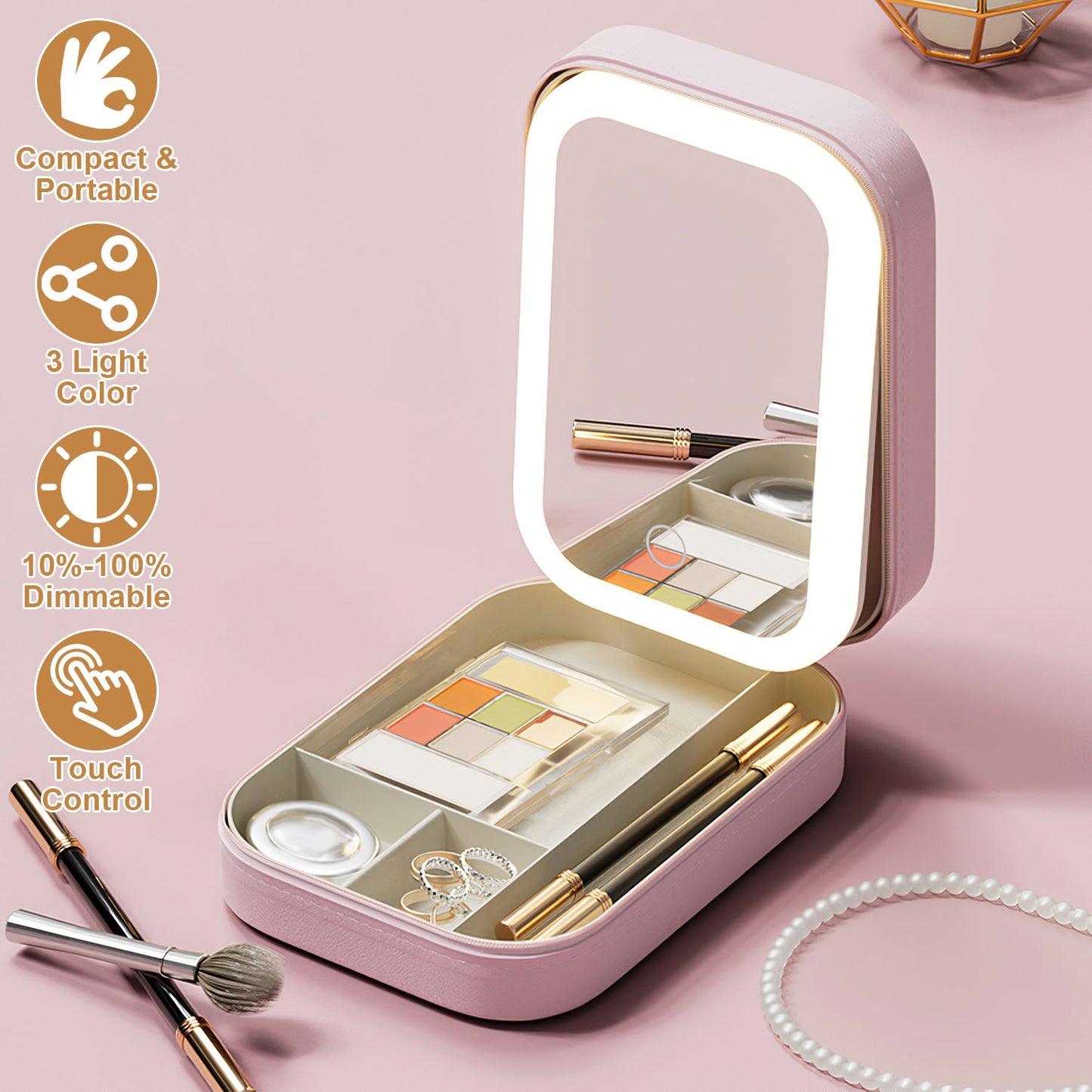 Portable Travel Makeup Bag with Rechargeable LED Mirror and 4 Compartments